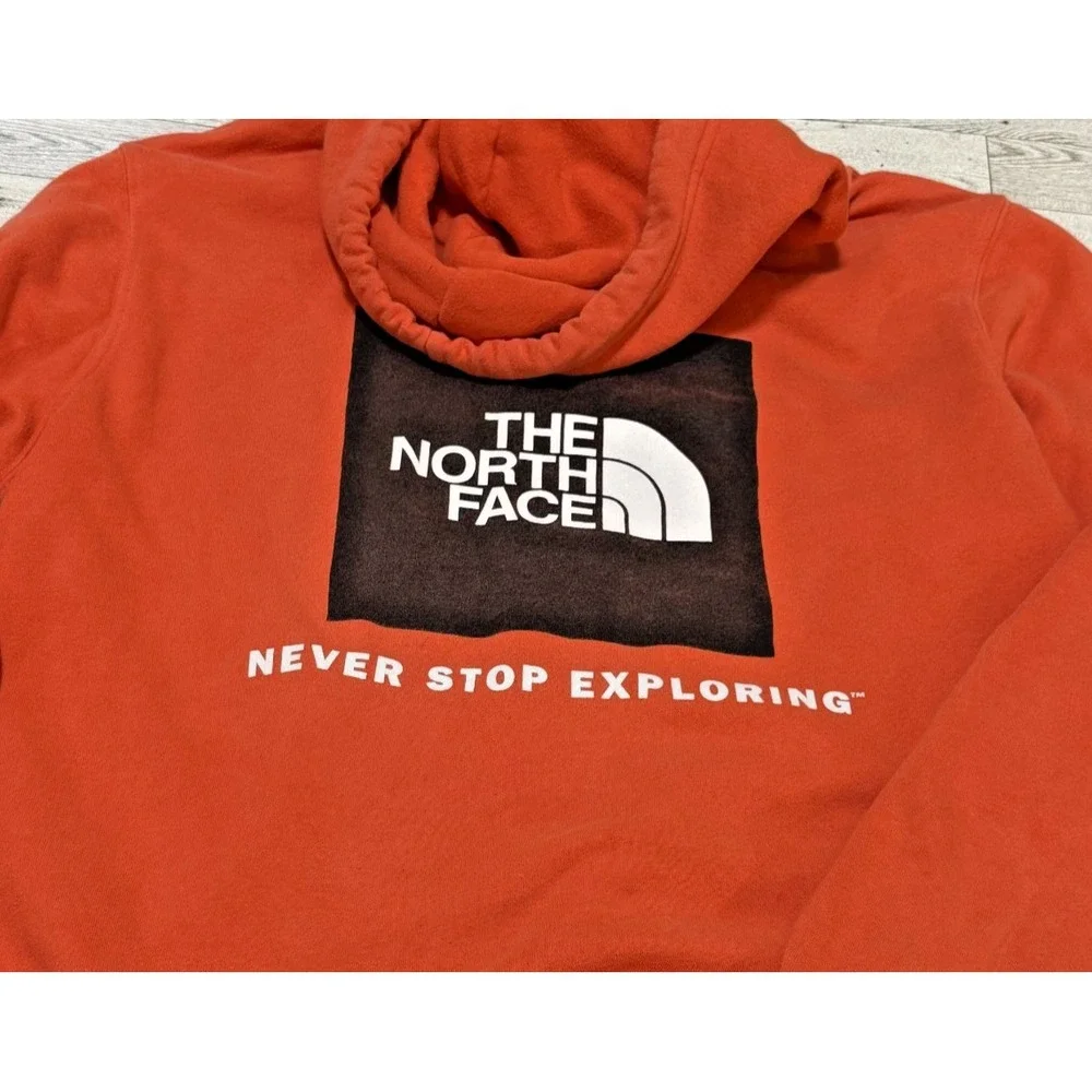 The North Face Mens Red Orange Box Logo Never Stop Exploring Hoodie MEDIUM